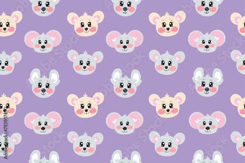 Seamless pattern with different kawaii mouses heads for kids, print, textile, nursery on purple background