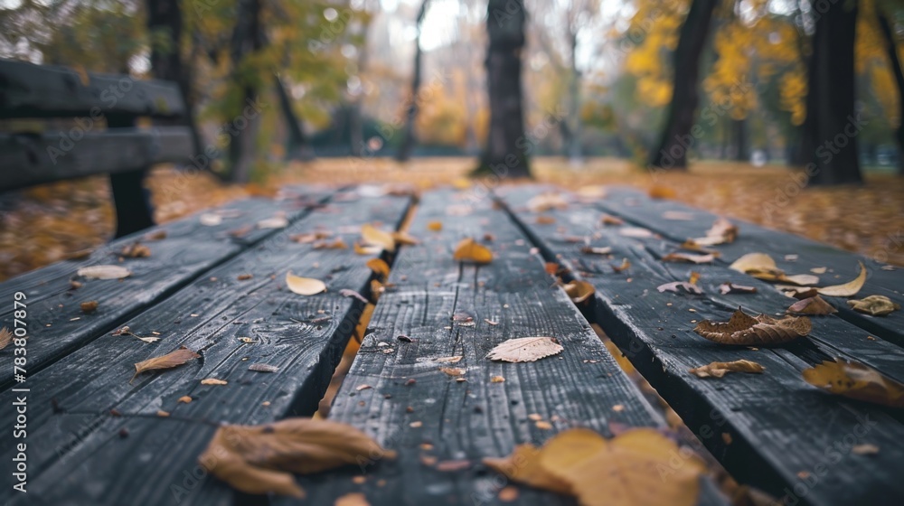 Fototapeta premium Wooden picnic table in the park, the surface of which is decorated with freshly fallen leaves