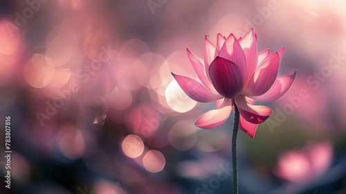 Pink lotus flower in full bloom, its exquisite petals standing out against a slightly blurred background