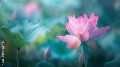 Pink lotus flower in full bloom  its exquisite petals standing out against a slightly blurred background