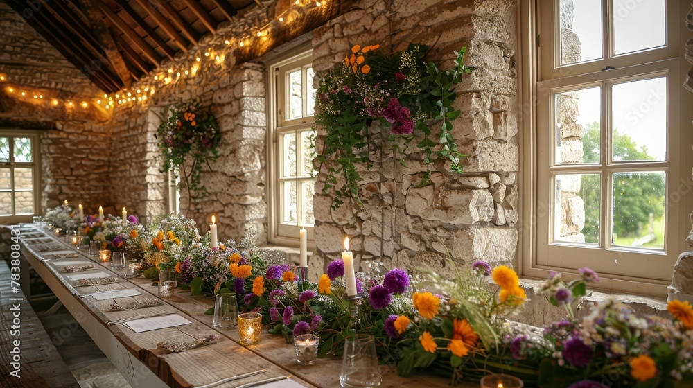   A lengthy table adorned with flowers and candles lies before a stone wall Ceiling lights and windows frame the scene, their glass panes strung with delicate hanging lights