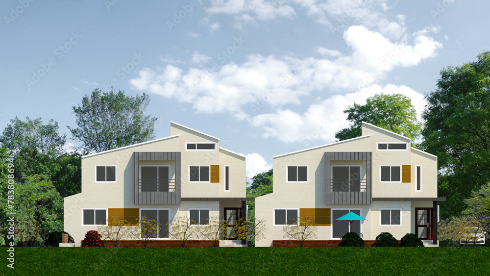 house on the hill. Architectural illustration of twin single-family houses finished with granite