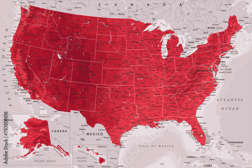 United States - Highly Detailed Vector Map of the USA. Ideally for the Print Posters. Ruby Red Colors. Relief Topographic