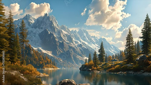 Beautiful mountain and lake. Created with generative AI.	 photo