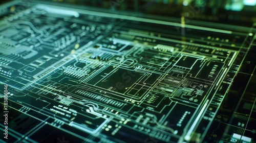 A close-up of a computer screen showing a PCB design. The design is complex and intricate. The screen is filled with lines, shapes, and text.