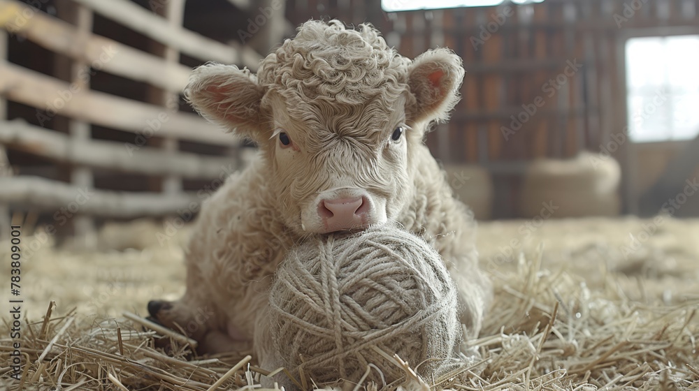 A tight shot of a sheep resting on the ground, with a ball of yarn placed near its face A tight shot of a sheep resting on the ground, with a ball of yarn placed near its face
