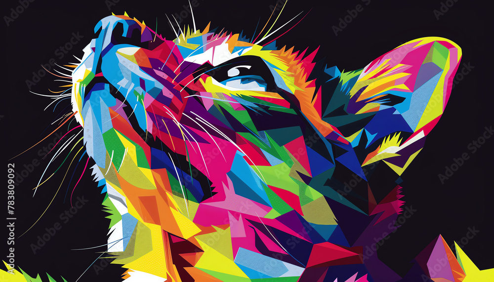 Transform celebrity pets into otherworldly beings through vector art, depicting them from a striking low-angle view Employ bold, vibrant colors and geometric shapes to create a visually captivating an