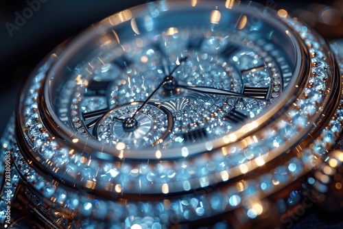 A close-up shot of a high-end luxury watch adorned with diamond accents, capturing the opulence and sophistication of luxury timepieces