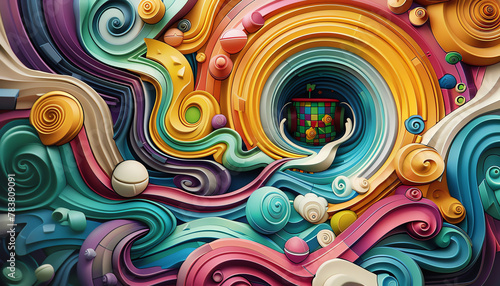 Design a clay sculpture of a swirling vortex blending traditional culinary tools with futuristic kitchen gadgets, portrayed in a pixel art style with vibrant colors and dynamic compositions