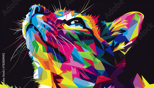 Transform celebrity pets into otherworldly beings through vector art, depicting them from a striking low-angle view Employ bold, vibrant colors and geometric shapes to create a visually captivating an photo
