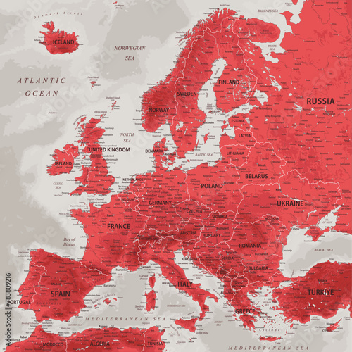 Europe - Highly Detailed Vector Map of the Europe. Ideally for the Print Posters. Ruby Red Colors. Relief Topographic and Depth
