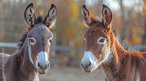  Two donkeys stand side by side in a fenced enclosure, surrounded by trees with leafy backdrops