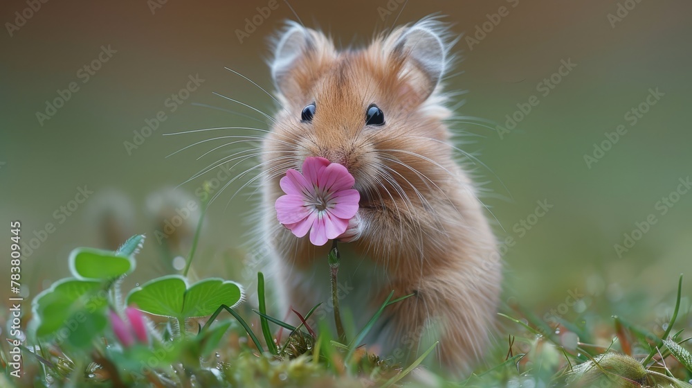 A hamster holds a flower in its mouth, standing in the grass and gazing at the camera A hamster holds a flower in its mouth, standing in the grass and gazing at the camera
