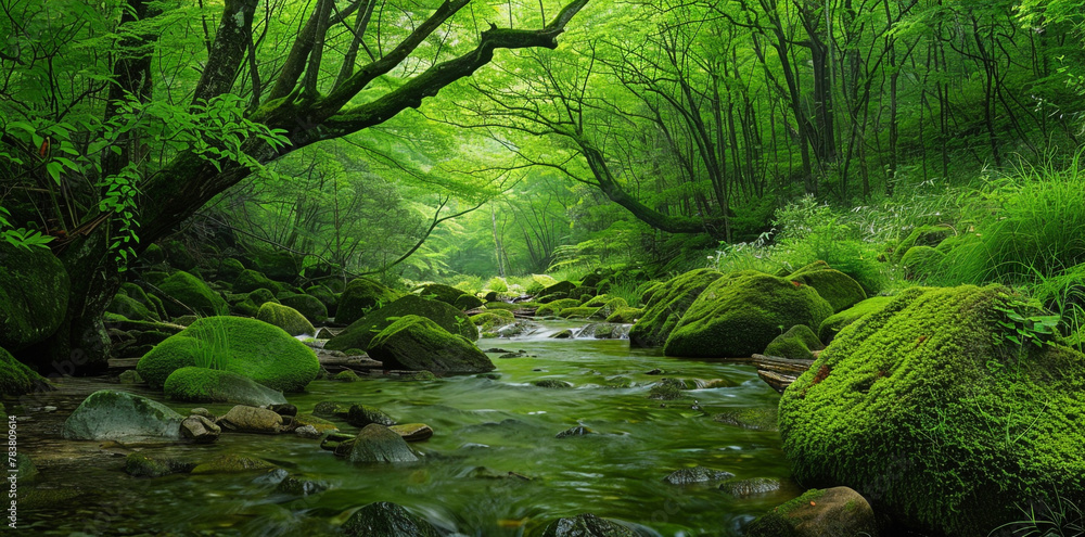 A serene and lush forest with vibrant green trees, a clear stream flowing through the center of the frame, moss-covered rocks on both sides. 
