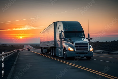 Semi truck traverses highway at dusk, a journey into the horizon