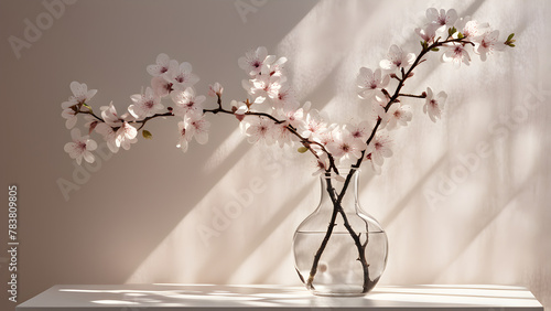 A warm and cozy image of cherry blossom branches in a transparent water bottle on a table.