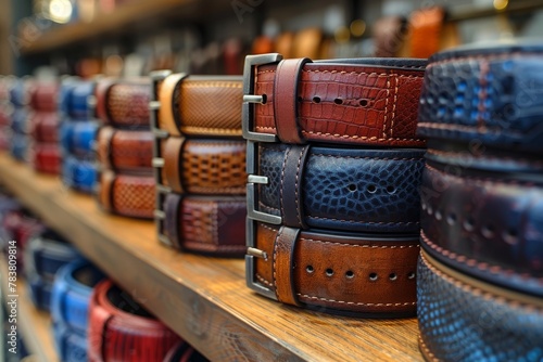 Rows of exquisitely crafted leather belts in various colors and textures neatly lined up for sale