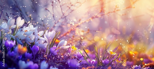 Colorful crocuses and snowdrops blooming in the garden  with a blurred background. Spring flowers. Beautiful nature scene with space for text or design. Close up of spring flowers on a sunny day. 
