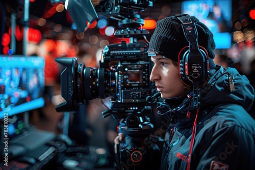 A camera operator maneuvers a steady cam rig through the studio, capturing dynamic shots and angles to add visual interest to the interview photo