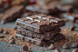 Stacked chocolate bars with visible cocoa nibs and chocolate shavings on a dark background