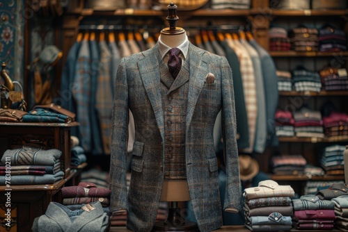 Exquisite suit tailored to perfection, showcased in an opulent boutique with rich details and decor