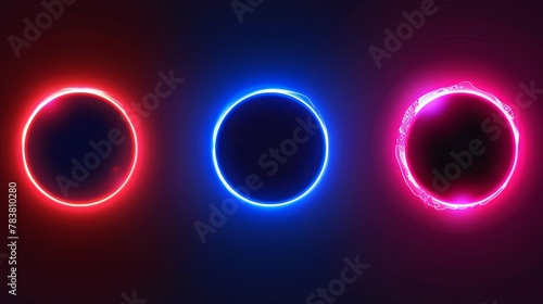 Eclipse neon light effect. Moon and sun covering each other with a round flare. Realistic modern illustration of space circle halo glow. Blue and pink abstract luminosity ring and crescent.