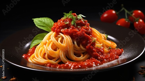Delicious spaghetti rolled with chili sauce on white plate in the kitchen room.