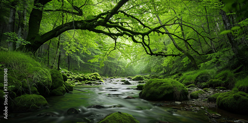 A serene and lush forest with vibrant green trees, a clear stream flowing through the center of the frame, moss-covered rocks on both sides. 