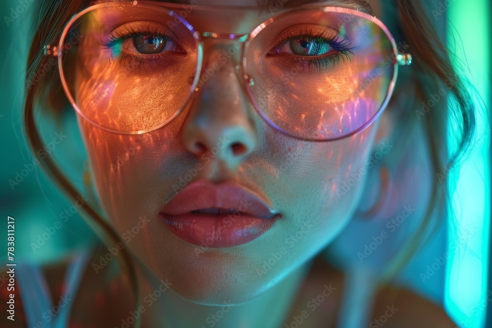 A woman with glasses featuring a rainbow reflection, giving a dreamy and artistic look A woman with glasses featuring a rainbow reflection, giving a dreamy and artistic look