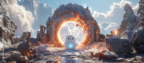 Mystical Robotic Creature Exploring Fantastical Snowy Ruins Through Glowing Magical Portal