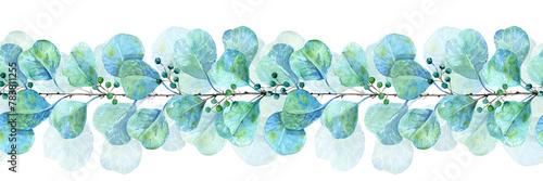 eucalyptus branch with hearth drawn in watercolor, seamless pattern, for cards, text, wallpaper