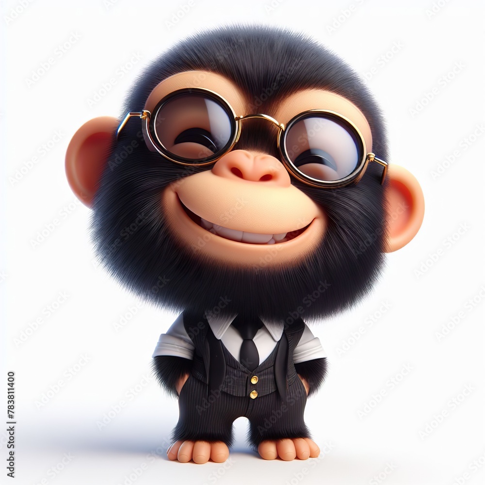 Fototapeta premium a cute Chimpanzee wearing suit and cool fashion eyeglasses , funny, happy, smile, white background