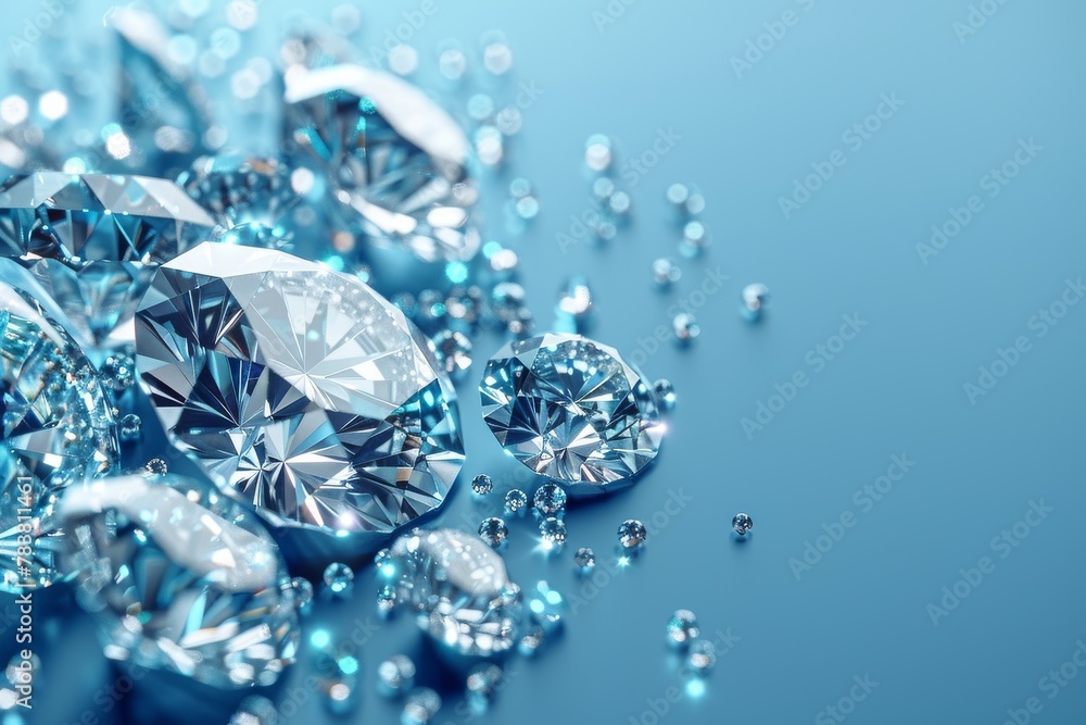 Cluster of stunning diamonds spread on a blue surface with reflections creating a radiant effect Cluster of stunning diamonds spread on a blue surface with reflections creating a radiant effect