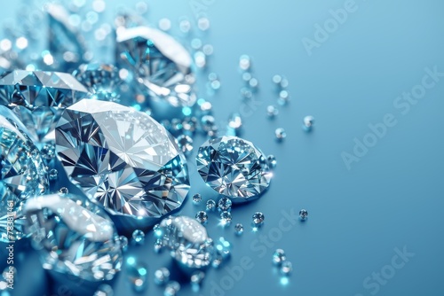 Cluster of stunning diamonds spread on a blue surface with reflections creating a radiant effect