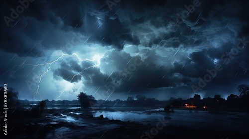 Dark dramatic night sky with storm rain clouds over a lake. photo