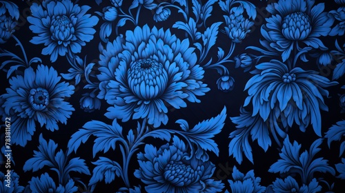 Blue flowers contrast beautifully against a black background in a floral pattern design. Generative AI #783811672
