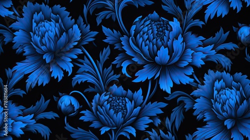 A pattern of blue flowers intricately designed on a dark black background. Generative AI photo