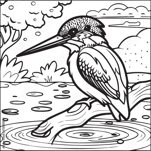 Kingfisher coloring page. A black and white drawing of kingfisher.