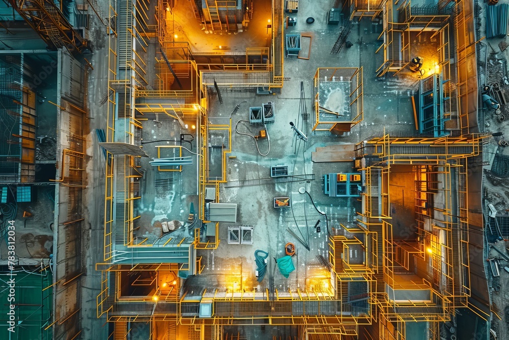 Detailed high-angle shot of a busy industrial facility illuminated at night, showcasing the complexity of machinery