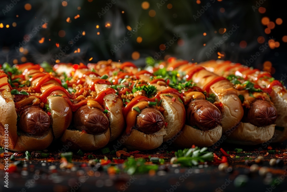 Gourmet hot dogs generously topped with sauce and vegetables, vibrant colors against a dark background