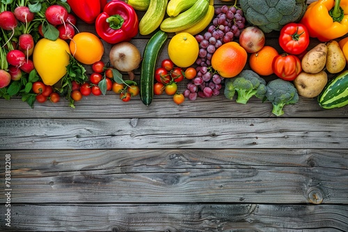 Fresh fruits and vegetables arranged  on rustic wooden background, Vegetable top border  for grocery store or healthy diet advertisement. AI Generation