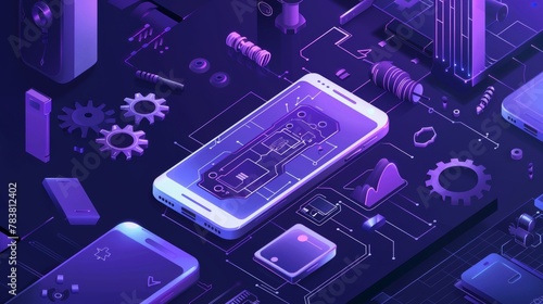 An isometric web banner the repair service delivers, showing a disassembled mobile phone in 3D modern line art, a smashed smartphone with gears and a microcircuit, and a broken touchscreen of an photo