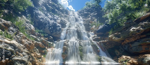 Majestic Waterfall Cascading Down Rocky Cliff into Crystalline Pool Amid Lush Tropical Landscape