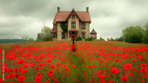 3d rendering of a beautiful old house in a field of poppies