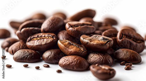 Roasted coffee beans isolated on white background. Close up image.