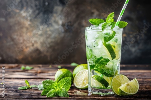 Bright icy mint mojito cocktail on a rustic wooden table with sliced lime sprigs of fresh mint and a straw perfect for a summer patio party backdrop