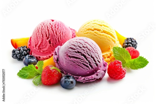 Brightly colored traditional Italian gelato scoops paired with fresh fruit isolated on a white background
