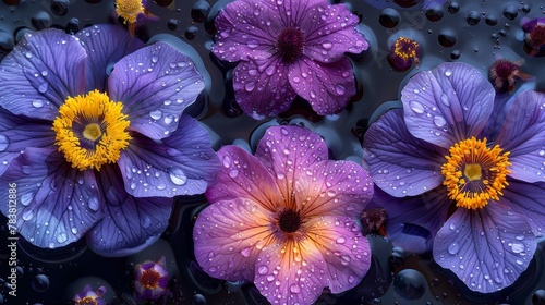  A collection of purple blooms bobbing atop a water surface, adorned with beads of water on their petals