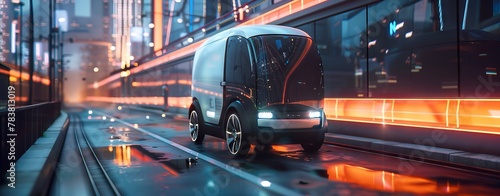 Futuristic Autonomous Van driving in Smart City illuminated by orange glow of light trails in a wet with full self driving system parked at battery charging station network infrastructure wide banner © saichon
