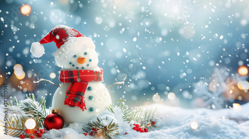 Merry christmas and happy new year greeting card with copy-space.Happy snowman standing in christmas landscape.Snow background.Winter fairytale. © Alon